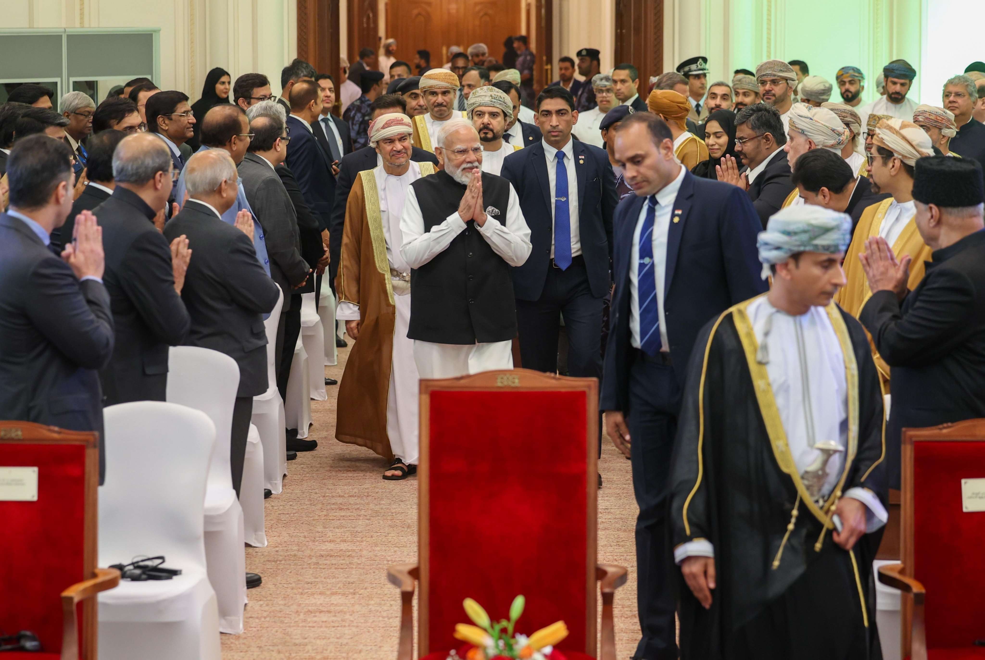Prime Minister Shri Narendra Modi at the India–Oman Business Forum held at Al Bustan Palace in Muscat, Oman